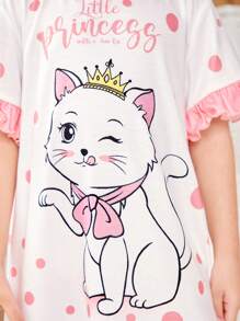SHEIN Young Girl Round Neck Short Sleeve Cartoon Pattern Casual Cute Sleep Dress With Contrast Color Ruffle Cuffs - Pink - View 5