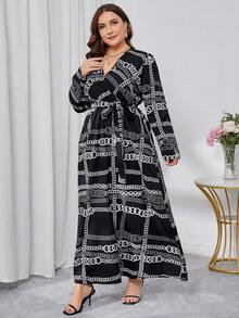 Modelyn Kích thước lớn Của phụ nữ Tròn Vòng cổ In Tay áo dài Đầm - màu đen - Xem 4