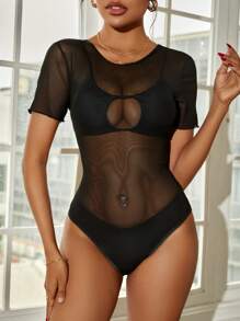 SHEIN Swim Bộ bikini lưới đen khoét sâu gợi cảm và thời trang dành cho nữ mùa hè - màu đen - Xem 5