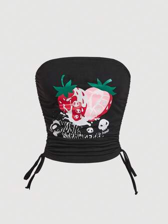 Kawaii Carino Crop Top Con Stampa Di Fragole E Lettere Con Coulisse Laterale