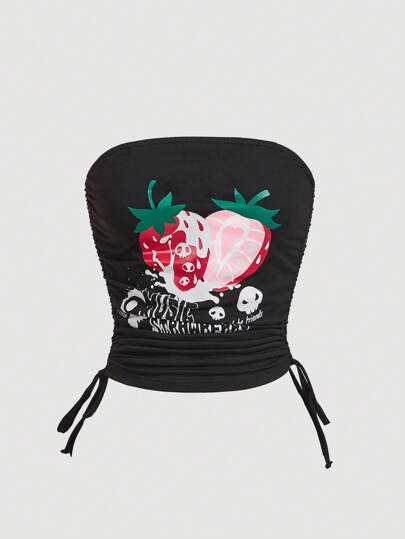 Kawaii Carino Crop Top Con Stampa Di Fragole E Lettere Con Coulisse Laterale