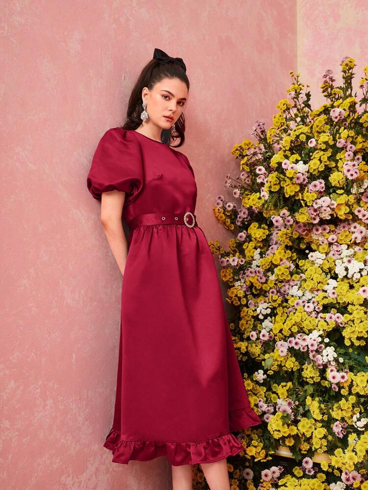 Solid Color Round Neck Bubble Sleeve Ruffled Hem Dress Long Evening Dresses