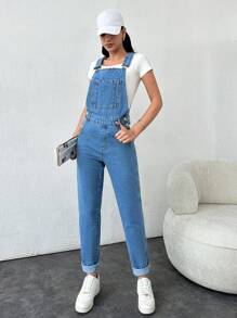 RueChic 前口袋側邊紐扣牛仔背帶褲 - 藍色 - 查看 6