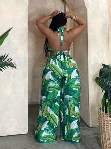 Slaydiva Plus Size Ladies' Loose Fit Beach Vacation Three-Piece Set With Tropical Plant Print, For Summer - Green - View 2