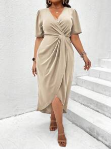 SHEIN Clasi Plus Size Solid Color Pleated Wrap Dress - Apricot - View 3