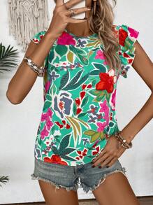 SHEIN LUNE 女士圓領短袖衣,波浪飄袖設計 - 綠色 - 查看 3