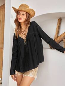 Bohemela 女士純色紋理拼接襯衫 - 黑色 - 查看 7