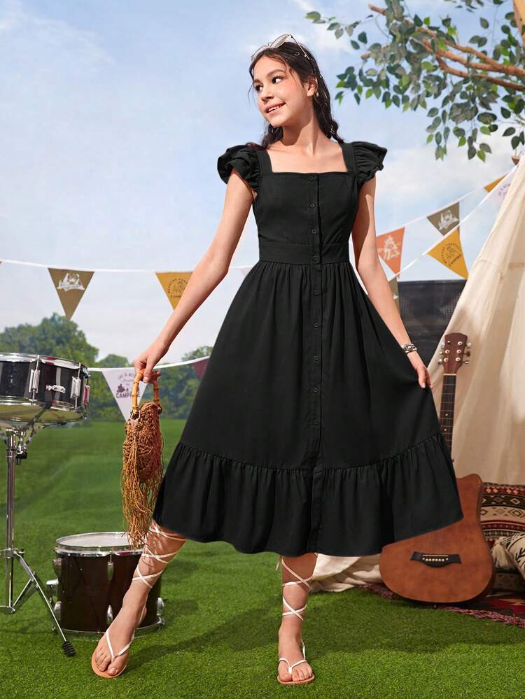 Teen Girl Button Front Waisted Ruffle Sleeve Woven Vacation Dress