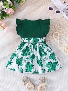 Baby Girl Short Flutter Sleeve Dress With Ribbed Collar And Floral Print Panel - Dark Green - View 2