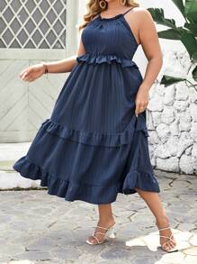 SHEIN Clasi 大尺碼女士純色拼接露背襯衫荷葉邊中長裙 - 藏蓝色 - 查看 4