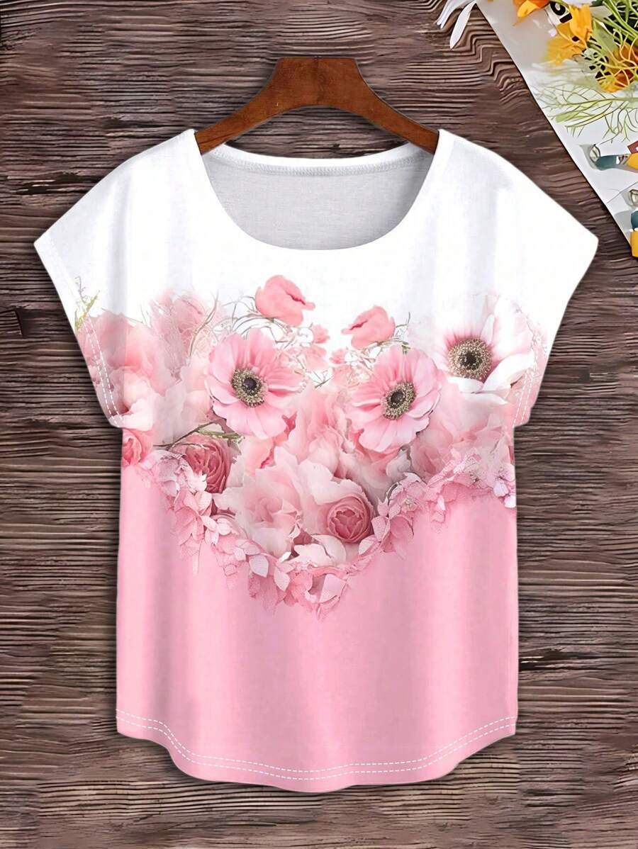 INAWLY 花卉印花休闲圆领短袖 T 恤图案 T 恤女式上衣 - 白色 - 查看 1