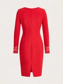 SHEIN Clasi 拼接蕾絲緊身性感紅色中長裙 - 紅色 - 查看 2