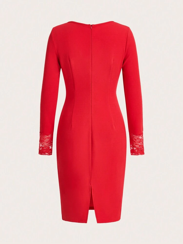 Patchwork Lace Tight Sexy Red Mid-Length Dress