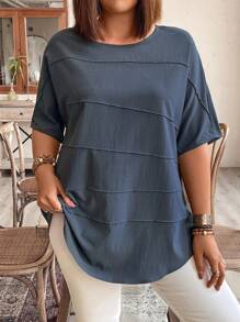 EMERY ROSE Women's Plus Size Simple Solid Color Short Sleeve Round Neck Blouse - Blue - View 3