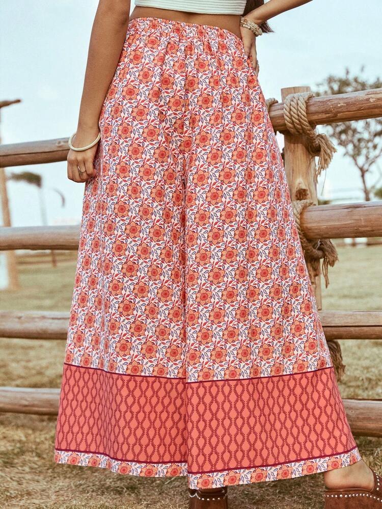 Women's Casual Bohemian Style Floral Print Loose Wide Leg Pants With Tassels And Drawstring, Perfect For Vacation