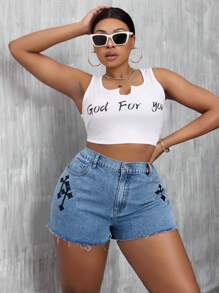 SHEIN SXY Plus Size Cross Pattern Printed Frayed Hem Skinny Denim Shorts - Light Wash - View 3