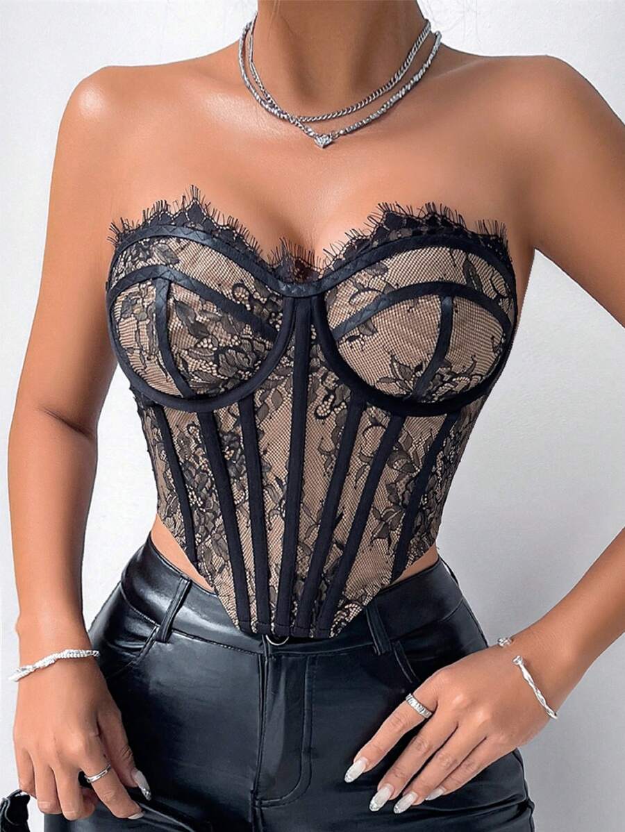 Allurite Áo corset ren cho nữ, gợi cảm bất đối xứng, ren tương phản, áo thun trơn không dây ôm vừa vặn màu đen cho nữ, trang phục xuân/hè, tiệc tùng/hộp đêm - màu đen - Xem 1