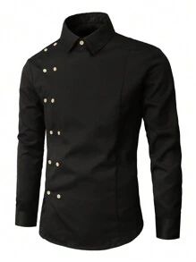 Calvornis Camicia casual da uomo a tinta unita con doppio petto, maniche lunghe e colletto, adatta per il lavoro, affari, autunno, formale, cerimonie - nero - Visualizzare 1