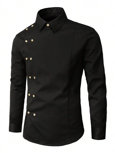 Manfinity Mode 男士纯色素色双排扣休闲长袖领衬衫，适合工作、商务、秋季