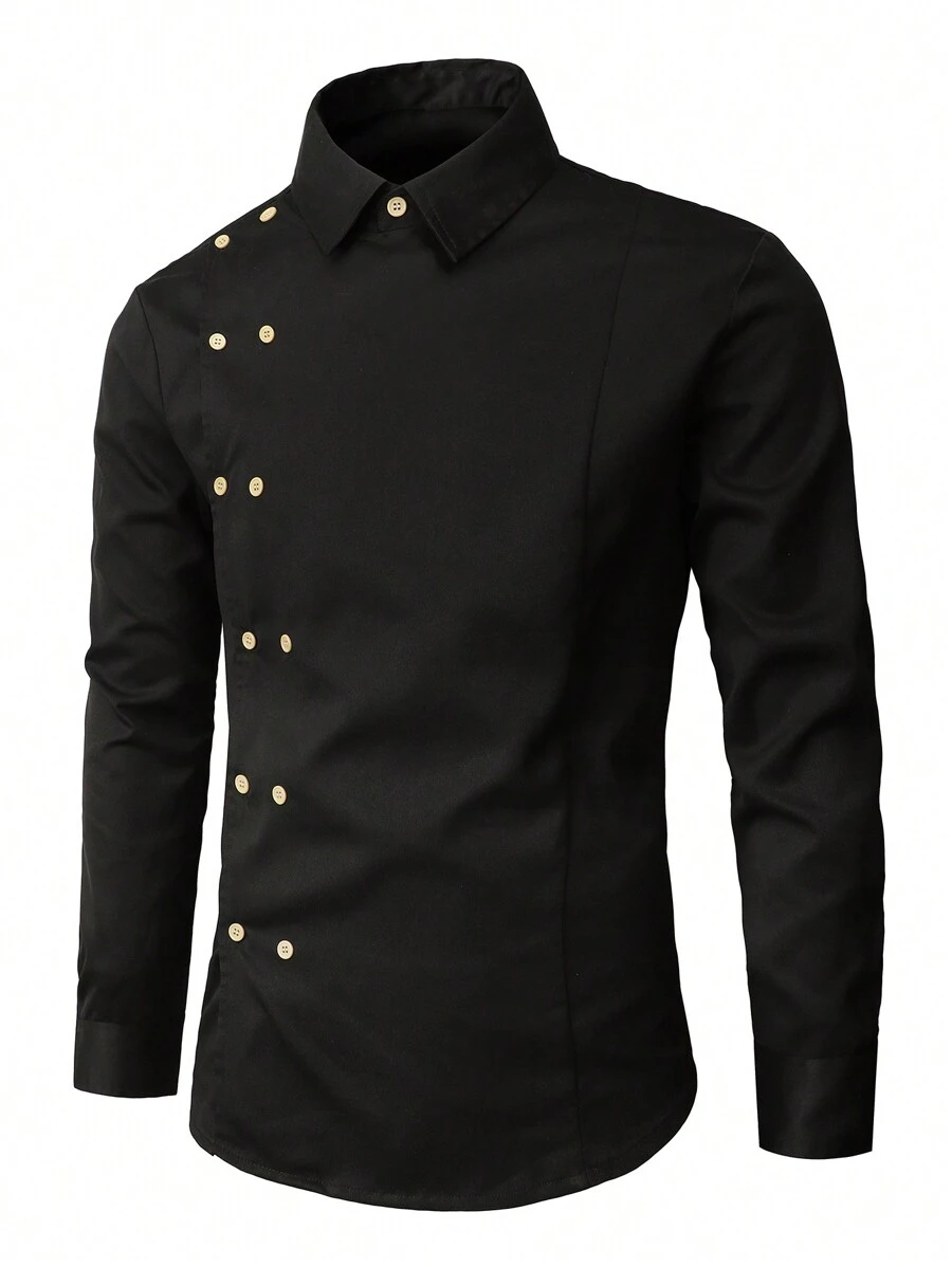 Calvornis Camicia casual da uomo a tinta unita con doppio petto, maniche lunghe e colletto, adatta per il lavoro, affari, autunno, formale, cerimonie - nero - Visualizzare 1