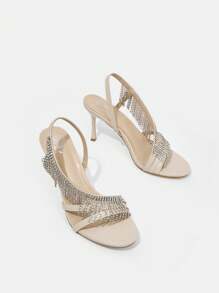 SheIn Belle Women's Fashionable Round-Toe Rhinestone High Heel Sandals With Thin Heel - Beige - View 1