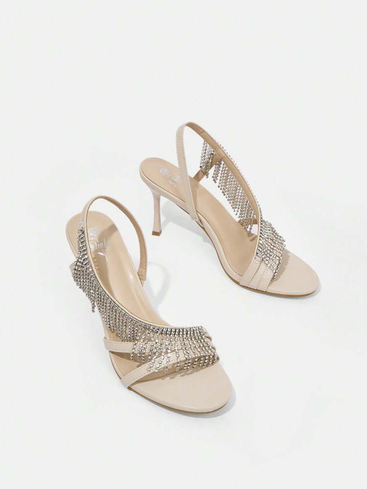 Women's Fashionable Round-Toe Rhinestone High Heel Sandals With Thin Heel