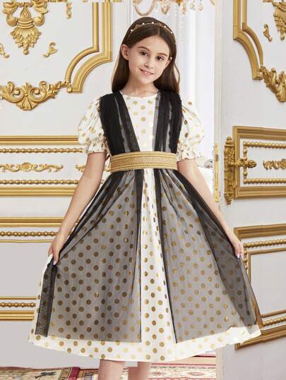 SHEIN Leap Crew Tween Girls' Joint Design Gorgeous Holiday Mesh Cape With Polka Dot Print And Foil Detailing Mid-Length Dress