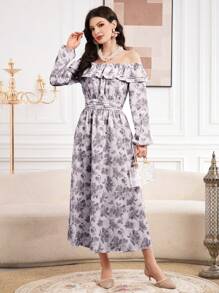 Modelyn Women's Printed Off Shoulder Dress Long Evening Dresses Fall Cloth For Women - Grey - View 4