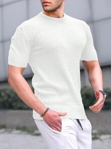 Camisa De Manga Corta De Punto Para Hombre De Color Sólido Con Textura - Blanco - Ver 1
