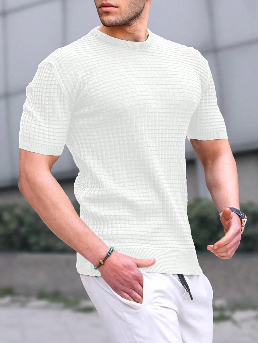 Camisa De Manga Corta De Punto Para Hombre De Color Sólido Con Textura - Blanco - Ver 1