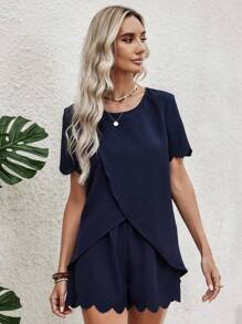 SHEIN LUNE Black Shell Edge Hem Shorts And Round Neck Wrap Top Work Two-Piece Set - Navy Blue - View 5
