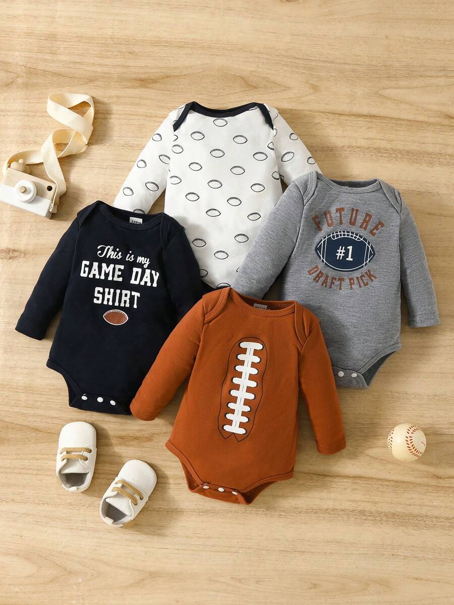 SHEIN 4pcs/Set Baby Boy Casual Baseball Print Long Sleeve Bodysuits - Multicolor - View 1