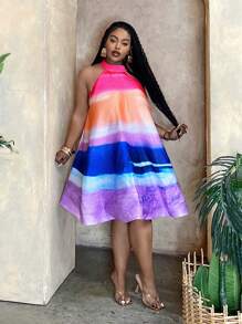 Slaydiva A 字大尺碼女式拼色掛脖花卉印花連身裙 - 彩色 - 查看 1