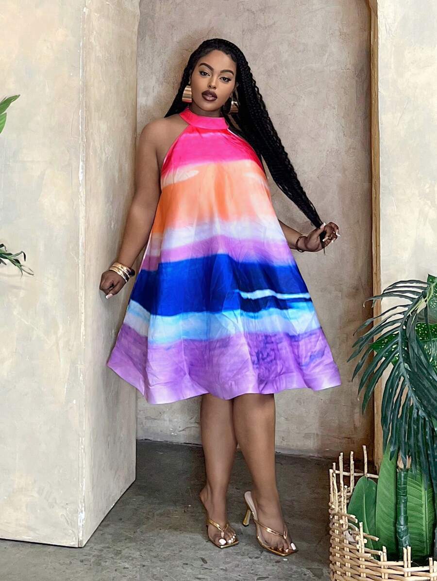 Slaydiva A 字大尺碼女式拼色掛脖花卉印花連身裙 - 彩色 - 查看 1