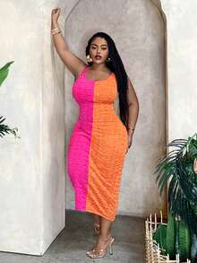 Slaydiva Đầm thường ngày chắp vá co giãn màu sắc cỡ lớn mùa hè - Nhiều màu - Xem 4