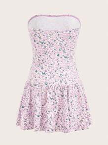 SHEIN EZwear 花卉印花百摺無肩帶裙 - 紫丁香色 - 查看 2