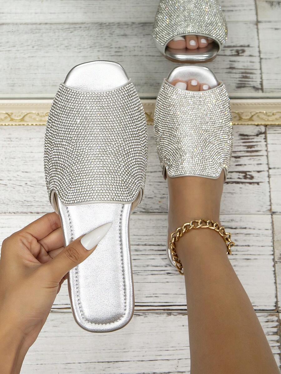 High-End Women's Elegant Silver Rhinestone Peep Toe Flat Sandals Valentines,Spring Summer Outfits - Silver - View 1