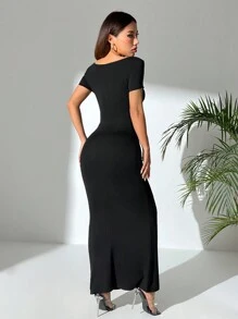 SHEIN PETITE 純色折領魚尾擺連衣裙 - 黑色 - 查看 2