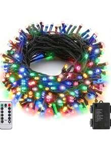 1串户外LED灯串，33英尺/100颗LED灯珠，电池供电，带遥控器，8种模式，6小时亮/18小时灭，防水，适用于圣诞树、花园、派对、节日、家居装饰、生日礼物（多色）