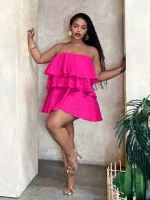 Slaydiva Ruffled Hem Bandeau Top, Casual & Holiday Style, Summer - Hot Pink - View 4