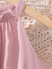 SHEIN 青少年女孩夏季优雅挂脖连衣裙，配有可拆卸腰带和荷叶边 - 粉色 - 查看 4