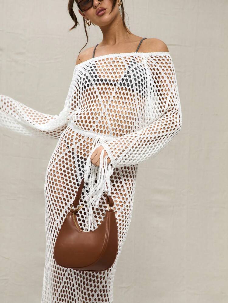 Beach White Crochet Bardot Maxi Dress Summer Vacation