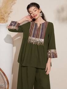 Al Najma Shiny Tassel V-Neck Casual Top And Wide Leg Pants - Army Green - View 4