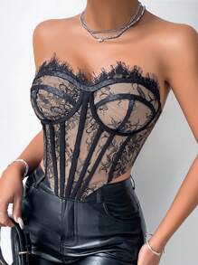 Allurite Áo corset ren cho nữ, gợi cảm bất đối xứng, ren tương phản, áo thun trơn không dây ôm vừa vặn màu đen cho nữ, trang phục xuân/hè, tiệc tùng/hộp đêm - màu đen - Xem 6