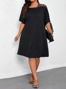 SHEIN LUNE Kích thước lớn Của phụ nữ Rắn lỏng lẻo Màu sắc Đầm Với Buộc Thiết kế - màu đen - Xem 4