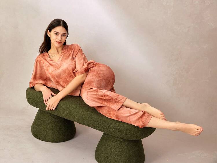 Vacation Satin Tie-Dye Batwing Sleeves Long Women Pajama Set Lingerie As Outerwear Lounge Sets For Women, Fall Clothes