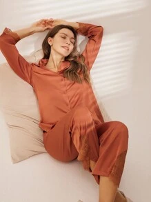 LUVLETTE Conjunto de pijama largo de satén con adorno de encaje para mujer, conjunto de lencería de descanso