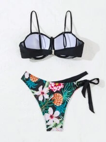 SHEIN Swim Women's Tropical Printed Bikini Set With Underwire And Ruched Detail, Bikini Set Outfit Beach Swimwear Bathing Suit Music Festival Summer Beach