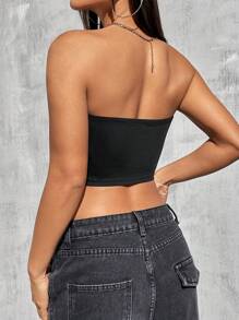 SHEIN EZwear 女士色塊條紋短款無肩帶上衣 - 黑色 - 查看 4