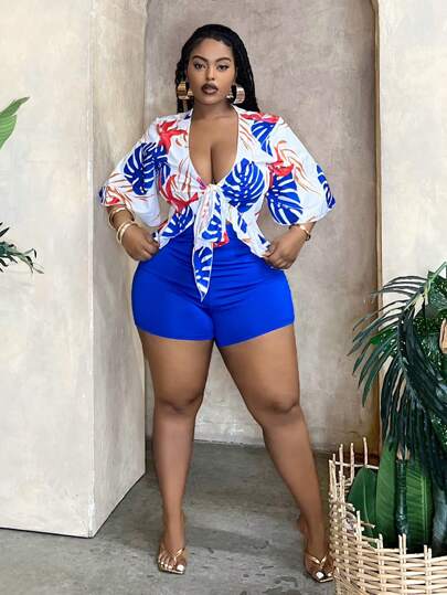 Slaydiva Conjunto de dos piezas de talla grande para vacaciones, con parte superior con volantes en el bajo y nudo delantero con estampado tropical, y shorts de unicolor, para el verano